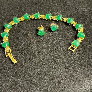 Gold Plated Green Glass Heart Bracelet and Pierced Heart Earrings Set